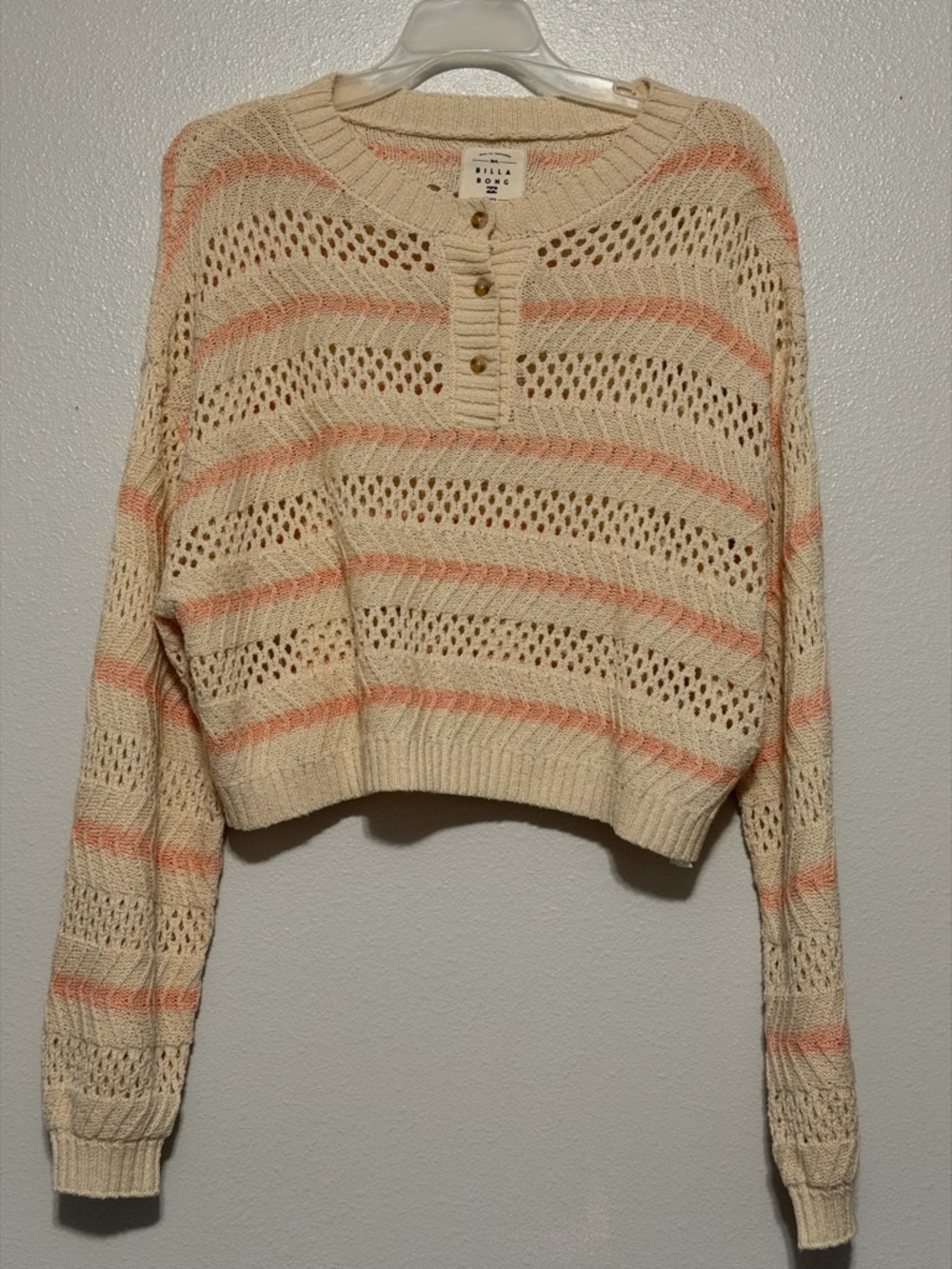 Billabong Cream and Pale Pink Striped Open-Knit Cropped Sweater